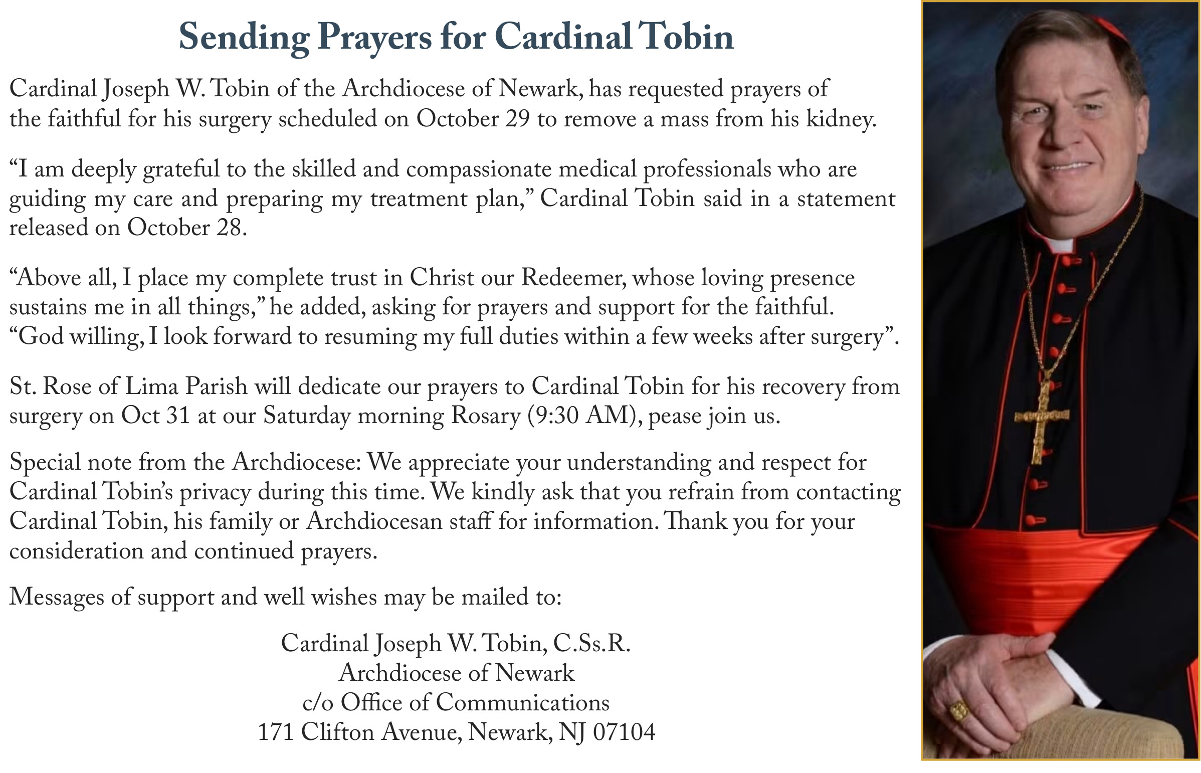 Prayers for Cardinal Tobin